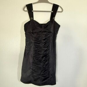 Windsor Black Jacquard Floral Ruched Mini Dress Rhinestone Straps Size 13